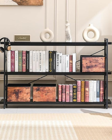 HCHQHS Bookshelf, 3-Tier Long Industrial Bookcase, Black Open Book Shelf, Freestanding Horizontal Bookshelves with Metal Frame - LeafyLoom
