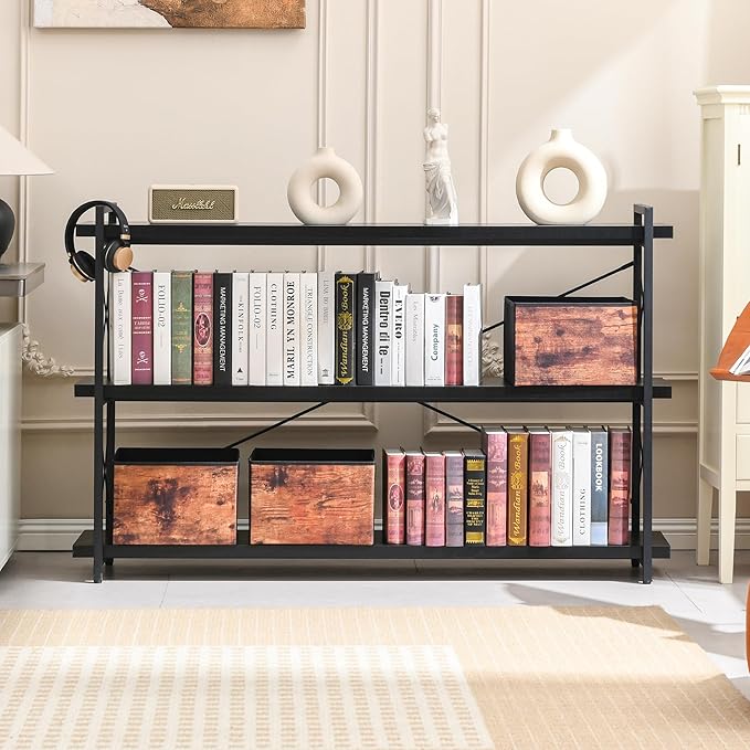 HCHQHS Bookshelf, 3-Tier Long Industrial Bookcase, Black Open Book Shelf, Freestanding Horizontal Bookshelves with Metal Frame - LeafyLoom