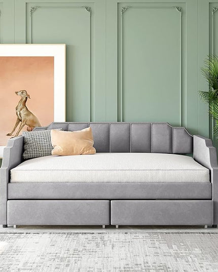 Twin Size Velvet Upholstered Daybed with Drawers, Solid Wood Bed w/Vertical Stripes Designed Backrest and Pine Legs, for Living Room, Bedroom, Dorm, No Box Spring Needed - LeafyLoom