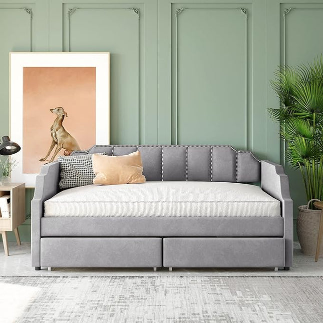 Twin Size Velvet Upholstered Daybed with Drawers, Solid Wood Sofa Bed w/Vertical Stripes Designed Backrest and Pine Legs, for Living Room, Bedroom, Dorm, No Box Spring Needed, Gray - LeafyLoom