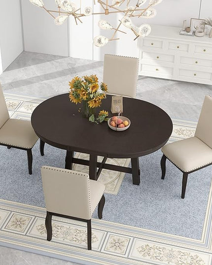 NicBex Round Dining Table Dining Room Set 5-Piece Farmhouse Dining Table Set Wood Round Extendable Dining Table and 4 Upholstered Dining Chairs for Set, Espresso - LeafyLoom