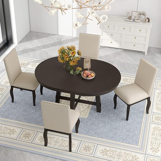 NicBex Round Dining Table Dining Room Set 5-Piece Farmhouse Dining Table Set Wood Round Extendable Dining Table and 4 Upholstered Dining Chairs for Set, Espresso - LeafyLoom