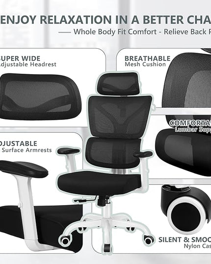 Office Chair Ergonomic Desk Chair, High Back Gaming Chair, Big and Tall Reclining chair Comfy Home Office Desk Chair Lumbar Support Breathable Mesh Computer Chair Adjustable Armrests (White) - LeafyLoom