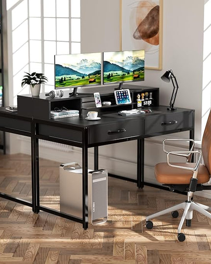 Computer Desk with Drawers, 47" Home Office Desk with Monitor Shelf, Writing Desk with Storage, Gaming Desk Work Desk Study Desk for Bedroom, Black - LeafyLoom
