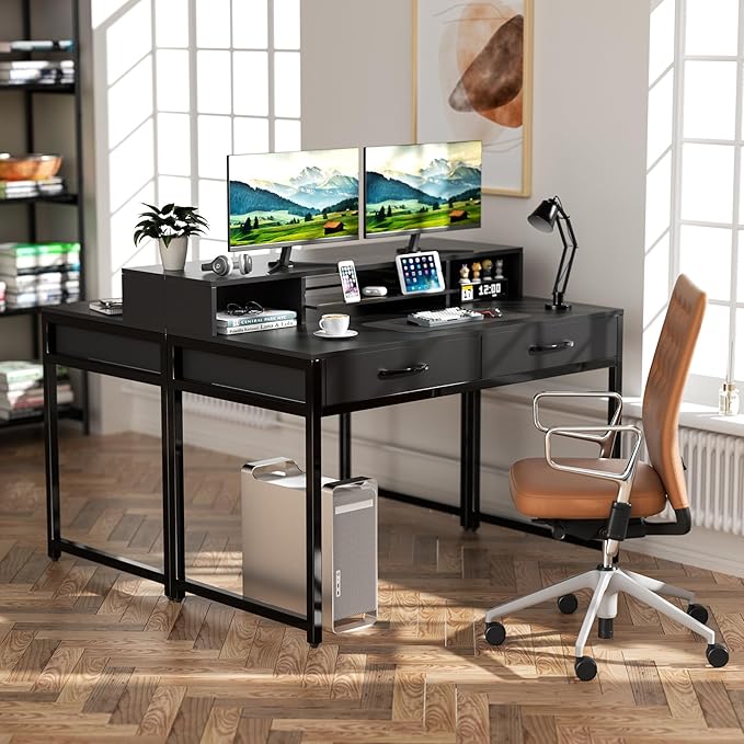 Computer Desk with Drawers, 47" Home Office Desk with Monitor Shelf, Writing Desk with Storage, Gaming Desk Work Desk Study Desk for Bedroom, Black - LeafyLoom