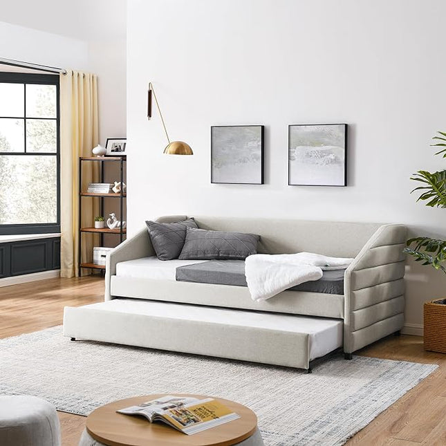 RITSU Twin Size Modern Daybed on Casters, Pull-Out Upholstered Tufted Sofa Bed, Linen Fabric & Plywood Frame, No Box Spring Required, Suitable for Bedrooms, Apartments, 82.50, Beige-3 - LeafyLoom