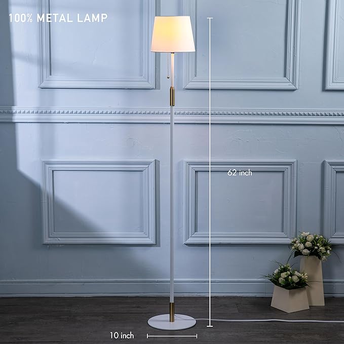 O'Bright Velum Floor Lamp - Elegant Linen Shade, Pull Chain Switch, Luxury Gold Handle, Modern Minimalist Design - Perfect for Living Room, Bedroom, Office - White - LeafyLoom