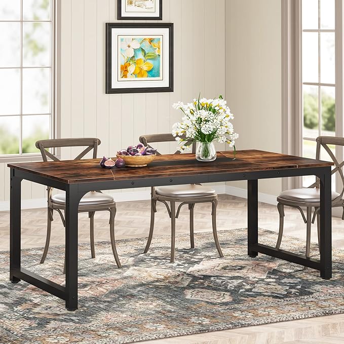 78.7 Inch X-Large Dining Table Rectangular Kitchen Furniture for 6 to 8 People, Brown - LeafyLoom