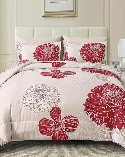 Yiran 7 Pieces King Comforter Set Red Floral Bed in a Bag Soft Microfiber Bedding Set 103"×90"(1 Comforter 1 Flat Sheet 1 Fitted Sheet 2 Pillowshams 2 Pillowcases) - LeafyLoom