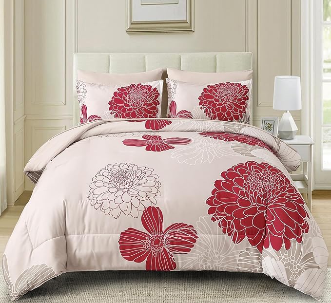Yiran 7 Pieces King Comforter Set Red Floral Bed in a Bag Soft Microfiber Bedding Set 103"×90"(1 Comforter 1 Flat Sheet 1 Fitted Sheet 2 Pillowshams 2 Pillowcases) - LeafyLoom