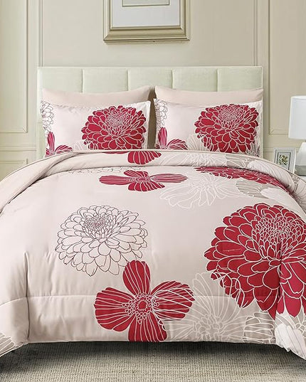 Yiran 7 Pieces Queen Comforter Set Red Floral Bed in a Bag Soft Microfiber Bedding Set 90"×90"(1 Comforter 1 Flat Sheet 1 Fitted Sheet 2 Pillowshams 2 Pillowcases) - LeafyLoom