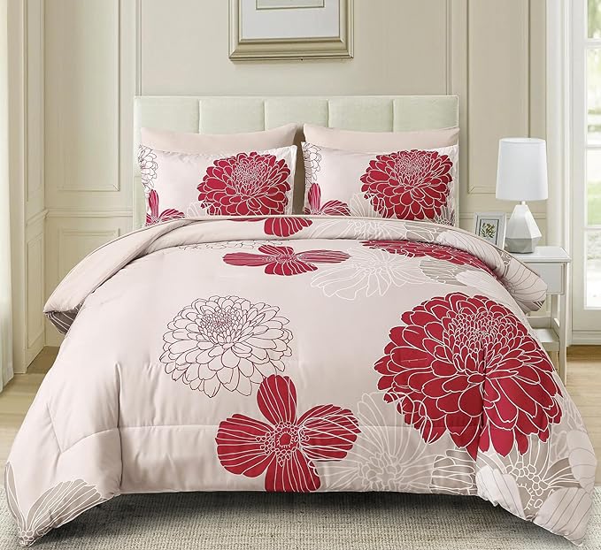 Yiran 7 Pieces Queen Comforter Set Red Floral Bed in a Bag Soft Microfiber Bedding Set 90"×90"(1 Comforter 1 Flat Sheet 1 Fitted Sheet 2 Pillowshams 2 Pillowcases) - LeafyLoom