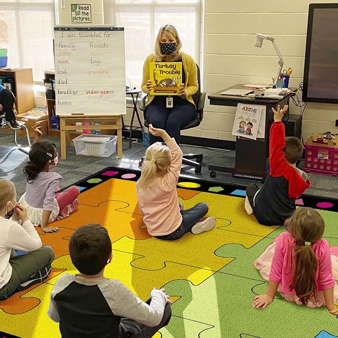 Booooom Jackson Classroom Rug Elementary Classroom Carpet 6'5"x8'5"Preschool Rugs Colorful Puzzle Seating Rug with Non-Slip Backing School Classroom Kid Rug (PzPK-2620)(PzOG-2620) - LeafyLoom