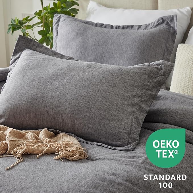 CozyLux Full Size Comforter Sets - 3 Pieces Grey Soft Luxury Cationic Dyeing Bedding Comforter for All Season, Gray Breathable Lightweight Fluffy Bed Set with 1 Comforter and 2 Pillow Shams - LeafyLoom