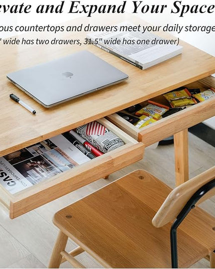 Computer Desk with Drawers, Solid Wood Writing Desk, Mid Century Modern Home Office Desks, Oak Study Table, Small Desk for Bedroom, 29.1 H x 39.4 W x 21.7 D Inches, Natural - LeafyLoom