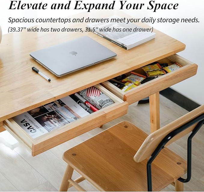 Computer Desk with Drawers, Solid Wood Writing Desk, Mid Century Modern Home Office Desks, Oak Study Table, Small Desk for Bedroom, 29.1 H x 39.4 W x 21.7 D Inches, Natural - LeafyLoom