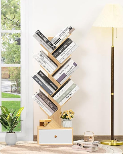 8 Tier Tree Bookshelf with Drawer, Free Standing Wood Bookcase for Narrow Space, Storage Organizer Bookshelves for Books, Book Case for Home Office, Living Room, Bedroom - Natural - LeafyLoom
