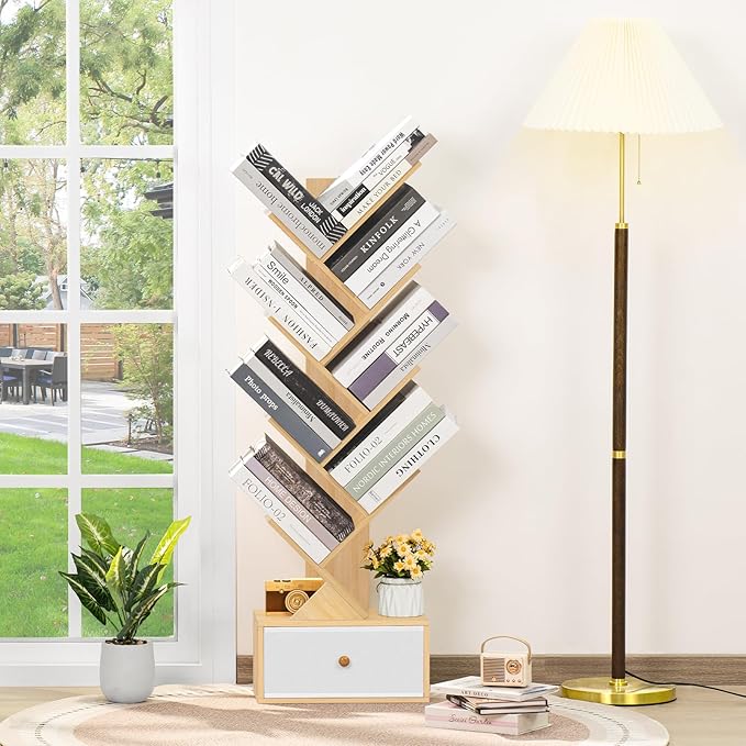 8 Tier Tree Bookshelf with Drawer, Free Standing Wood Bookcase for Narrow Space, Storage Organizer Bookshelves for Books, Book Case for Home Office, Living Room, Bedroom - Natural - LeafyLoom