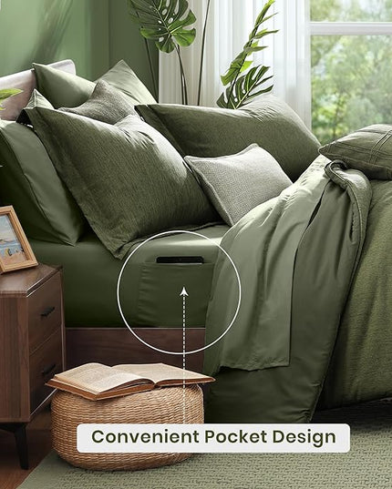Monbix Full Size Comforter Set, Olive Green Bedding Comforter for Full Size Bed Set Reversible, Bedding Sets Full 7 Pieces, Cationic Dyeing Bed in a Bag with Comforter, Sheets, Pillowcases & Shams - LeafyLoom