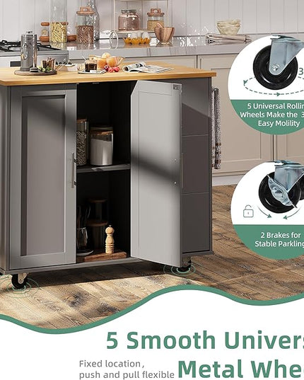 Shintenchi Rolling Kitchen Island Cart with Folding Drop Leaf Breakfast Bar, Portable Trolley Island with Large Storage Cabinet, Shelf and Drawer, Gray - LeafyLoom