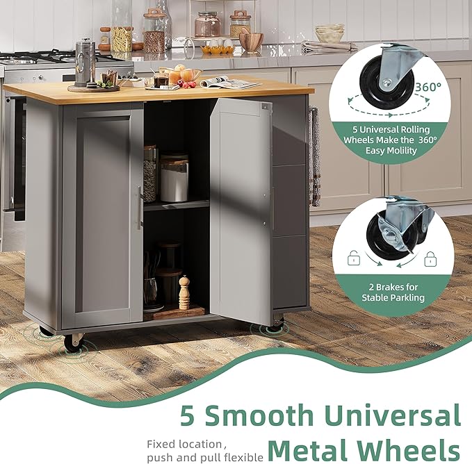 Shintenchi Rolling Kitchen Island Cart with Folding Drop Leaf Breakfast Bar, Portable Trolley Island with Large Storage Cabinet, Shelf and Drawer, Gray - LeafyLoom