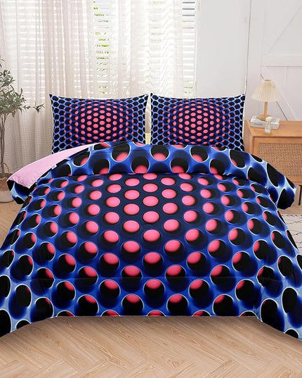 NINENINE Honeycomb Bedding Girls Comforter Set Twin Pink and Blue Bedding Geometric Stereoscopic Comforter Sets for Kids Geometrical Bed Set with 1 Comforter 1Pillowcase - LeafyLoom