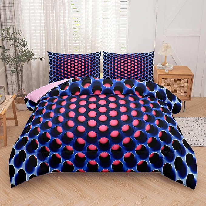 NINENINE Honeycomb Bedding Girls Comforter Set Twin Pink and Blue Bedding Geometric Stereoscopic Comforter Sets for Kids Geometrical Bed Set with 1 Comforter 1Pillowcase - LeafyLoom