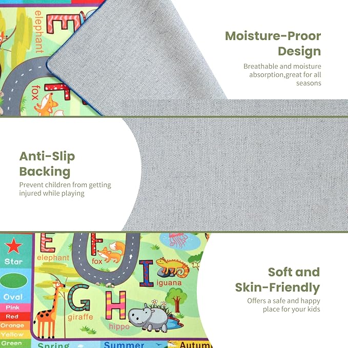 Terrug Kids Rugs for Playroom, Educational Classroom Rug for Kids Room, Washable Nursery Rug Carpet Non Slip Playroom Rug Play Mat for Learning ABC Rug, Numbers, Animal, Colors, Season, 3X5 Feet - LeafyLoom