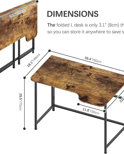 4NM 35.4" Small L Shaped Desk, Folding Computer Desk Home Office Desk, Foldable Bed Desk for Laptop for Small Space Offices - Rustic Brown and Black - LeafyLoom