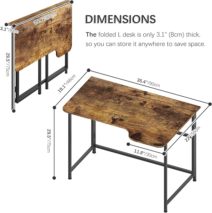 4NM 35.4" Small L Shaped Desk, Folding Computer Desk Home Office Desk, Foldable Bed Desk for Laptop for Small Space Offices - Rustic Brown and Black - LeafyLoom
