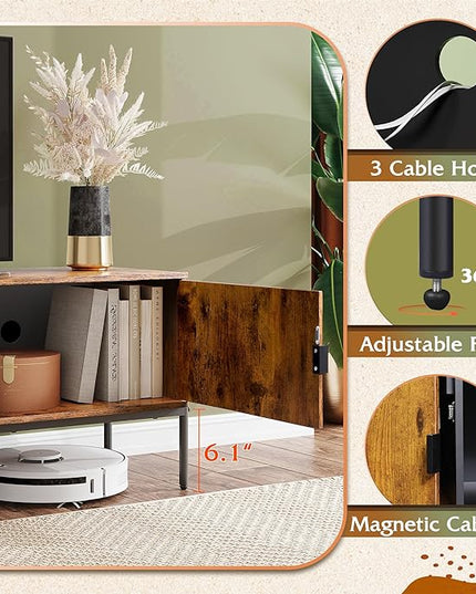 WLIVE Modern TV Stand for 65 Inch TV, Mid Century Entainment Center with Storage, TV Console with Open Shelf and 2 Cabinets for Bedroom and Living Room, TV Cabinet with Metal Legs, Rustic Brown - LeafyLoom