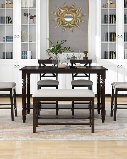 6-Piece Counter Height Kitchen Table Set, Dining Table Set for 6 with 4 Upholstered Chairs, Bench and Storage Shelf, Dining Room Table Set for Kitchen, Living Room, Espresso+Beige - LeafyLoom