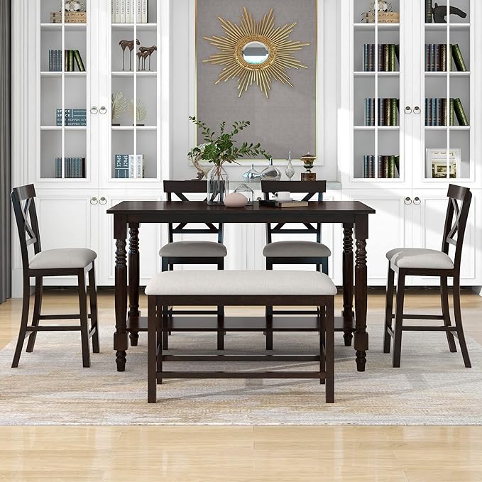 6-Piece Counter Height Kitchen Table Set, Dining Table Set for 6 with 4 Upholstered Chairs, Bench and Storage Shelf, Dining Room Table Set for Kitchen, Living Room, Espresso+Beige - LeafyLoom