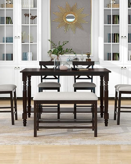 6-Piece Wood Counter Height Dining Set, Rectangular Table with Shelf, 4 Chairs and Bench for Kitchen, Breakfast Nook, Living Room, Espresso, 60" L x 29.5" W x 36" H - LeafyLoom