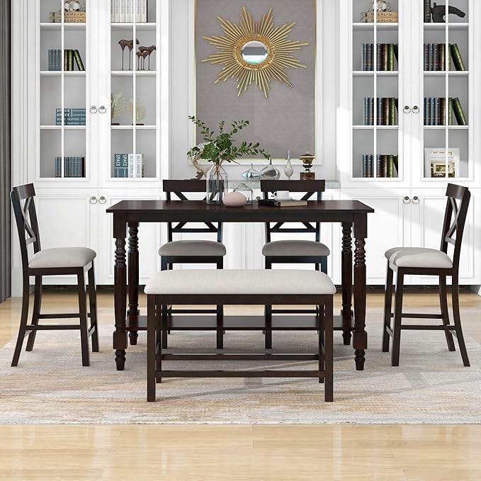 6-Piece Wood Counter Height Dining Set, Rectangular Table with Shelf, 4 Chairs and Bench for Kitchen, Breakfast Nook, Living Room, Espresso, 60" L x 29.5" W x 36" H - LeafyLoom