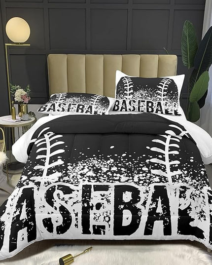 Bodhi Black and White Comforter Set,Sports Bedding Set for Boys Kids,Boys Baseball Bedding Full Size,Kids Comforter Set with Pillowcases,Teen Boys Bedding Set Full Size - LeafyLoom