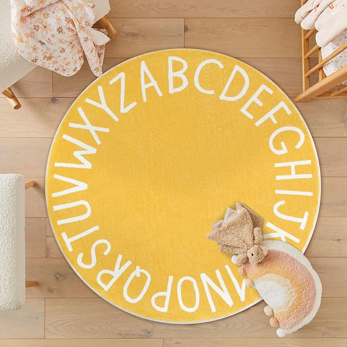 Topotdor Round Kids Play Rug Alphabet Nursery Area Rug Extra Large Soft Crawling Play Mat for Children Toddlers Bedroom (47 inch, Yellow) - LeafyLoom