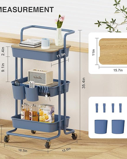 DTK 3 Tier Utility Cart with Cover Board, Rolling Cart with Lockable Wheels, Cups, Hooks for Home Office, Art Craft Storage, Home School Organization and More Uses(Blue) - LeafyLoom