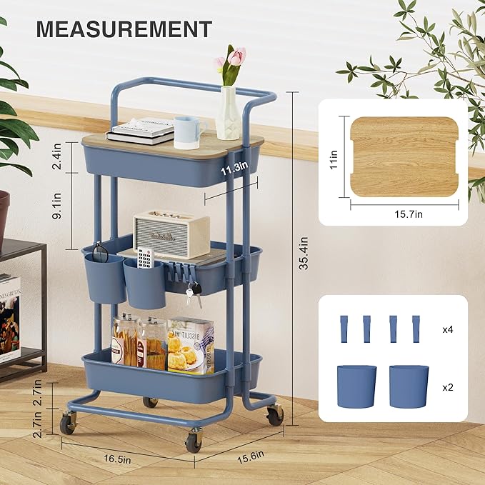 DTK 3 Tier Utility Cart with Cover Board, Rolling Cart with Lockable Wheels, Cups, Hooks for Home Office, Art Craft Storage, Home School Organization and More Uses(Blue) - LeafyLoom