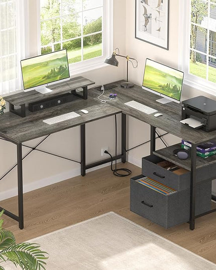 Homieasy L Shaped Computer Desk with Storage File Drawer, Reversible Home Office Desk with Recessed Power Strip and Led Strip, Corner Gaming Desk Work Study Table with Monitor Stand, Black Oak - LeafyLoom