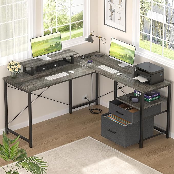 Homieasy L Shaped Computer Desk with Storage File Drawer, Reversible Home Office Desk with Recessed Power Strip and Led Strip, Corner Gaming Desk Work Study Table with Monitor Stand, Black Oak - LeafyLoom