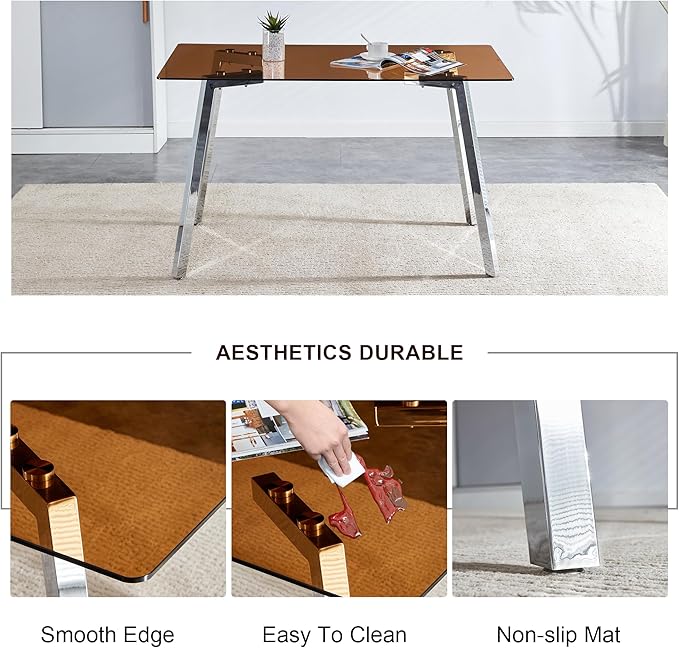 NicBex 51Inch Rectangular Dining Table,Modern Kitchen Table with Tempered Glass Tabletop and Silver Metal Legs for 4 to 6,Dining Room Table for Kitchen,Meeting Room and Living Room,Easy Clean,Brown - LeafyLoom