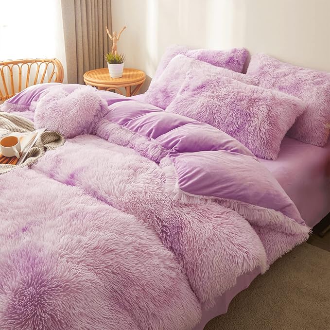 Tie dye Lavender Plush Fluffy Comforter Cover Set Queen - Ultra Soft Faux Fur tie dye Bedding Sets 3 Pieces (1 Shaggy Duvet Cover + 2 Pillow case) Fluffy Bed Set (Tie Dye Lavender, Queen) - LeafyLoom