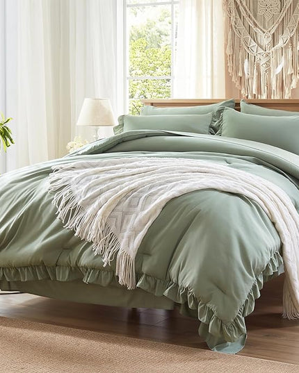 Anluoer Queen Comforter Set 7 Piece, Sage Green Bed in a Bag with Sheets, All Season Ruffle Shabby Chic Bedding Sets with 1 Comforter, 2 Pillow Shams, 2 Pillowcases, 1 Flat Sheet, 1 Fitted Sheet - LeafyLoom