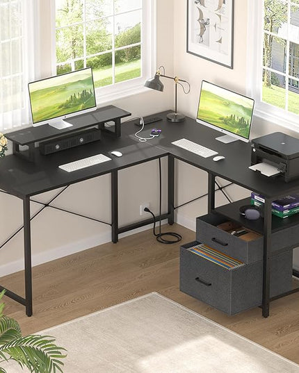 Homieasy L Shaped Computer Desk with Storage File Drawer, Reversible Home Office Desk with Recessed Power Strip and Led Strip, Corner Gaming Desk Work Study Table with Monitor Stand, Black - LeafyLoom