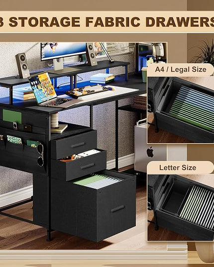 Computer Desk with 3 File Cabinet Drawers, 57.8'' Reversible Gaming Desk with LED Lights and Power Outlets, Office Desk with Storage Shelves and Dual Monitor Stand for Home & Office (Black) - LeafyLoom