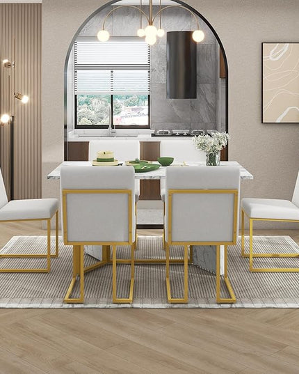 60 Inch Dining Table Set for 6, Modern Dining Room Table Set with Artificial Marble Sticker Tabletop and 6 Upholstered Linen Chair with Golden Steel Legs for Living Room, White+Gold - LeafyLoom