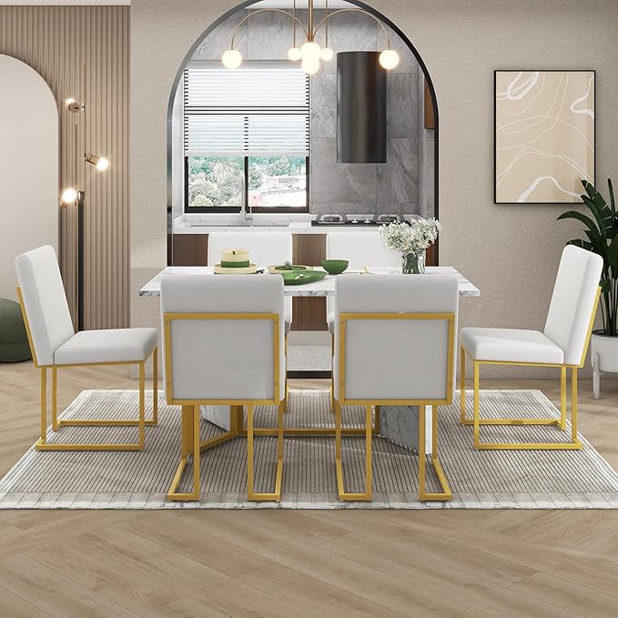 60 Inch Dining Table Set for 6, Modern Dining Room Table Set with Artificial Marble Sticker Tabletop and 6 Upholstered Linen Chair with Golden Steel Legs for Living Room, White+Gold - LeafyLoom