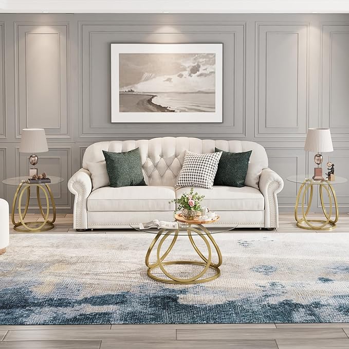 O&K FURNITURE Gold Coffee Table, Modern Round Glass Coffee Table for Living Room with Ring-Shaped Frames, Gold Glass Table for Home&Office,Gold Finish, 1PC - LeafyLoom