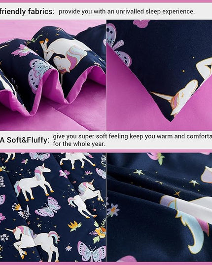 Mooreeke Kids Comforter Bed Set Twin Size for Girls, 6 Pieces Bed in a Bag with Shams, Sheet Set, Purple Pink Unicorn Twin Soft Microfiber Kids Comforter Bedding Set - LeafyLoom